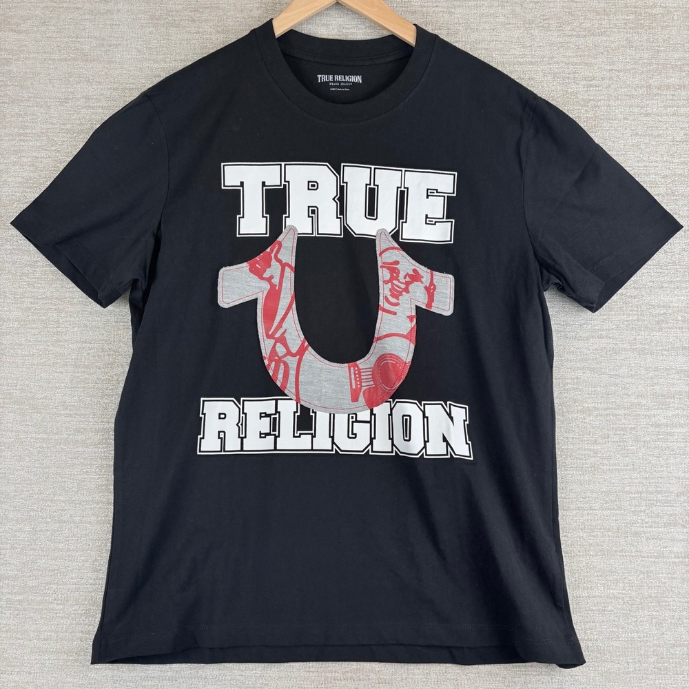 True Religion Terry Appliqué Graphic T-Shirt Adult LG Black Streetwear EUC